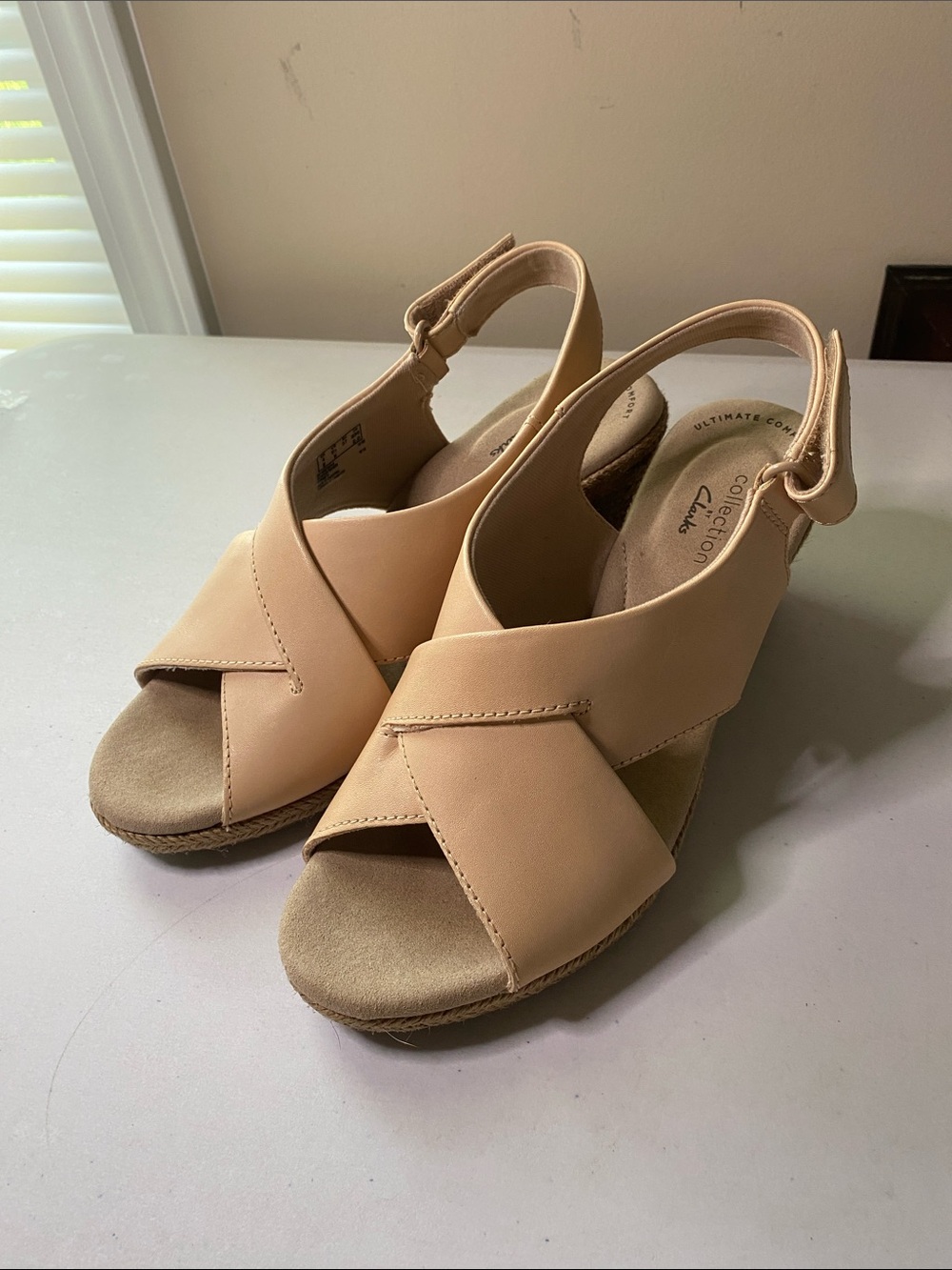 Clarks Beige Crossover Slingback Wedge Sandals